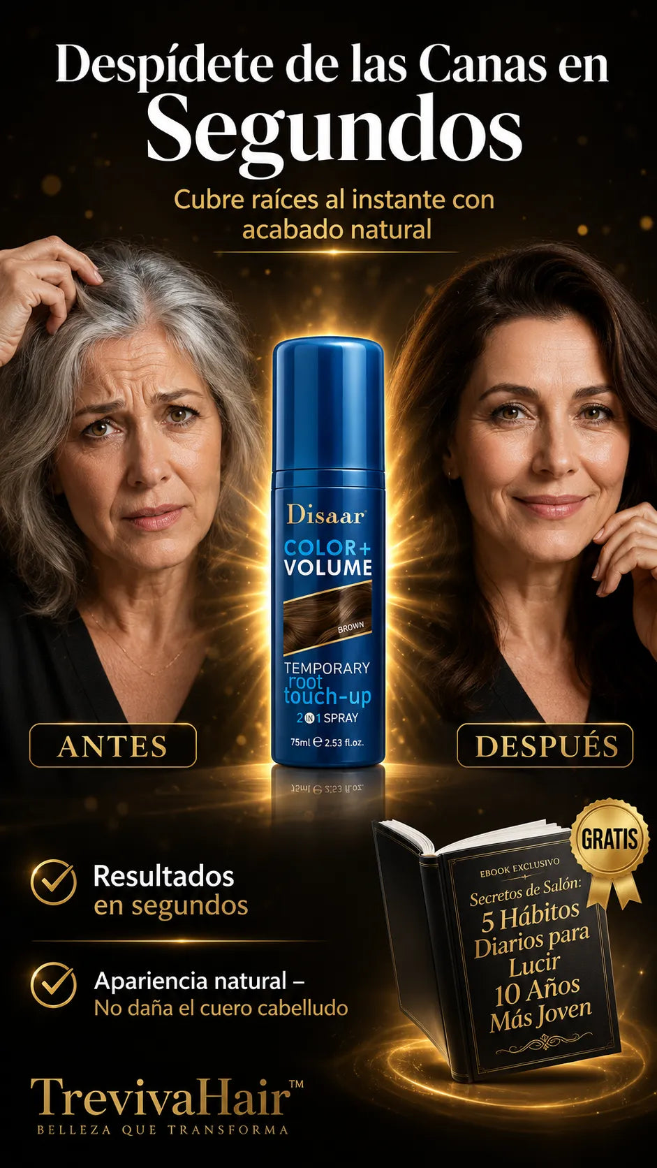 TReVivaHair™ Spray Cubre Canas – Cabello Joven y Natural en Segundos
